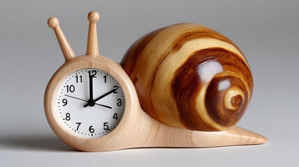 Wooden clock with a snail shell on top. The clock is set at 10:30. The snail shell is brown and has a spiral shape