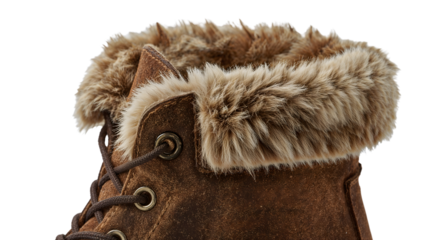 Closeup of brown suede winter boot with faux fur lining and laces for cold weather fashion and outdoor comfort