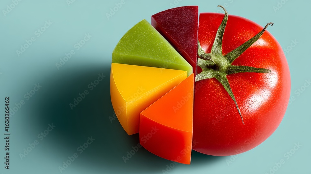 Poster tomato is cut into slices and placed on a blue background. the slices are arranged in a pie chart, w