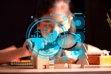 A young girl with round glasses sits at a desk, looking thoughtful, with a futuristic blue...