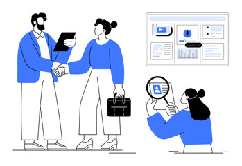 Team discussing plans with handshake, analyzing charts on screen, inspecting profile through magnifier. Ideal for teamwork, business deals, recruitment, research, presentations, strategy simple flat
