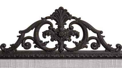 Ornate black iron fireplace screen topper with baroque scrollwork and vintage floral detailing for elegant interior decor