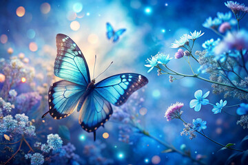 Serene Flight Through a Floral Sky, A Vibrant Butterfly Soars Amidst Delicate Blooms, Captured in a Moment of Grace and Tranquility