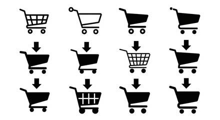 Set of various shopping cart icons in different states, from empty to full. Symbolizing the e-commerce checkout process.