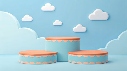 Three blue and orange podiums with clouds against a blue sky background
