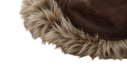 Closeup of brown leather winter hat with faux fur trim on the transparent background for cold weather fashion and accessories concepts