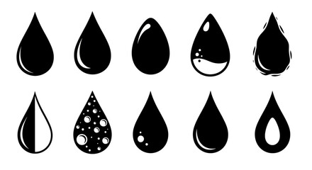 A versatile collection of black liquid drop icons. Abstract silhouettes representing water, oil, ink, and other fluid concepts.