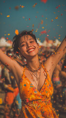 Joyful celebration at a vibrant festival with colorful confetti in the air during a sunny afternoon