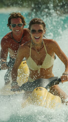 Exciting water sports adventure with friends on colorful jet skis in tropical paradise