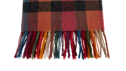Colorful plaid wool scarf closeup with fringe tassels and patterned woven texture on the transparent background