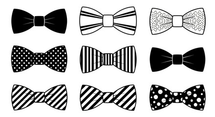 A stylish set of black and white bow tie illustrations. A collection of men's formal neckwear accessories with various classic patterns like stripes and polka dots.