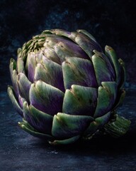Obraz premium Close-up of a purple artichoke on dark surface; Background blur; Food ad