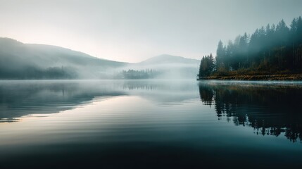 Fototapeta premium Tranquil Morning Fog Over Calm Lake with Soft Light Reflections