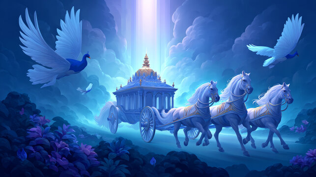 Krishna chariot with divine light, peacocks flying overhead