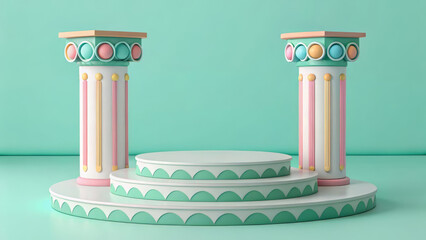 Pastel colored stage with columns and tiered display platform