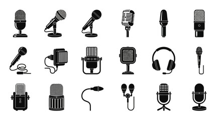 Collection of monochrome microphone and audio equipment icons. Vector silhouette set for podcast, studio, and broadcasting concepts.
