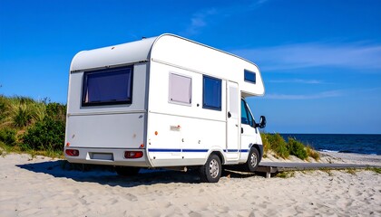 White camper van parked on sandy beach