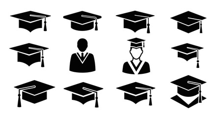 Vector collection of mortarboard hat and graduate person symbols. Icons for university, college, and school ceremony concepts.