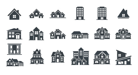 A diverse collection of building silhouettes, featuring various architectural styles from simple houses to apartment blocks for real estate concepts.
