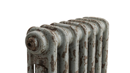 Old rusty radiator closeup isolated on the transparent background showing weathered paint and vintage industrial design