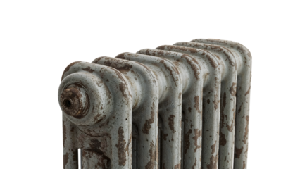 Old rusty radiator closeup isolated on the transparent background showing weathered paint and vintage industrial design