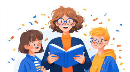 smiling teacher greeting students on Knowledge Day with an open book and confetti