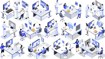 Isometric view of a modern office with employees working at computers and collaborating in a workspace silhouette