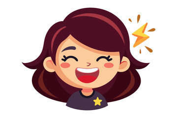 Joyful Cartoon Character: A vibrant cartoon woman with long, flowing dark hair and a cheerful expression radiates pure delight with a bright, infectious smile and a sparkling aura.