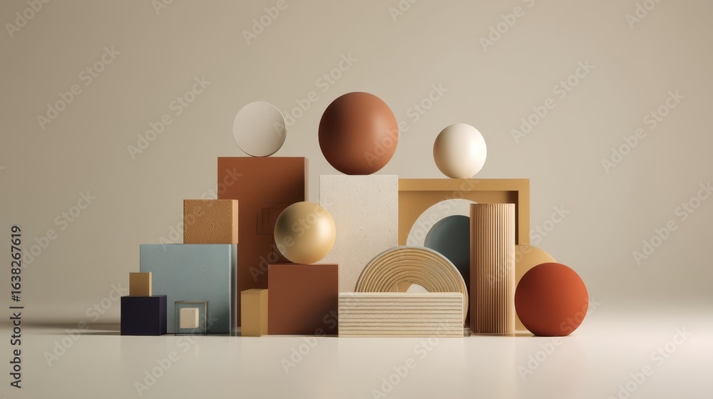 Poster abstract 3d shapes in minimal style with neutral tone palette