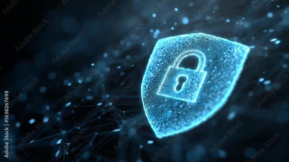Poster digital guardian: a digitally rendered shield with a lock symbolizes cybersecurity, embodying digita