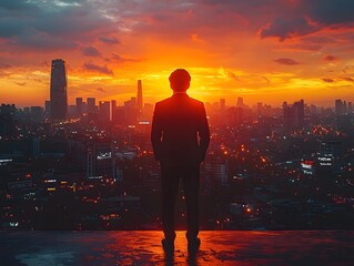 Fototapeta premium Silhouetted figure overlooking a vibrant city skyline at sunset