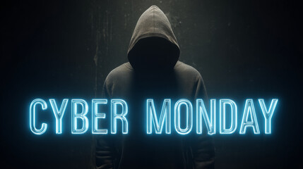 Mysterious hooded figure with glowing blue Cyber Monday text, symbolizing online shopping, digital deals, and tech-themed sales.