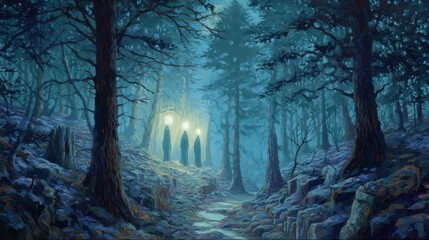 Obraz premium Ethereal Spirits Watch Over Forest Trail at Night
