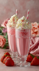 Delicious strawberry milkshakes topped with whipped cream and served with fresh strawberries on a soft pink background