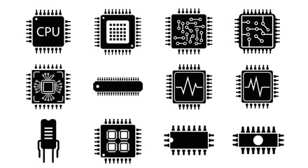Monochrome icon collection of computer microprocessors, central processing units, and electronic chip components. A visual concept for modern digital technology.