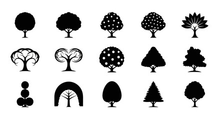 Vector collection of black tree silhouettes. A variety of simple, abstract, and decorative plant symbols for nature concepts.