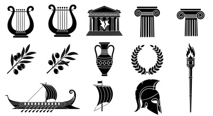 Collection of black silhouette icons representing symbols from ancient Greece, including a temple, lyre, column, and trireme