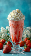 Refreshing strawberry smoothie served in a tall glass with whipped cream on top, surrounded by fresh strawberries and delicate flowers