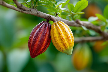 Cacao pods hanging from a tree branch in a lush, tropical garden during daylight, showcasing vibrant colors and rich textures of the fruit