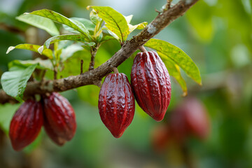 Cocoa pods hanging on a branch surrounded by green leaves in a tropical plantation during a sunny day