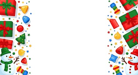 Festive Christmas and New Year Holiday Vector Frame with Gifts and Snowmen, Cheerful Christmas Background Vector with Holiday Decoration Elements