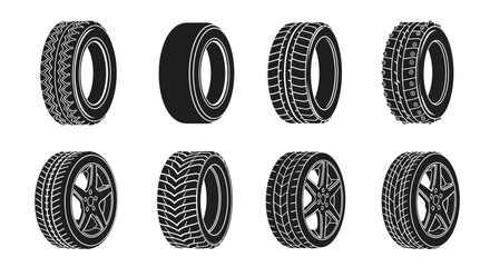 Set of black and white vector illustrations of automobile tires. A collection of car wheels with various tread patterns and rims.
