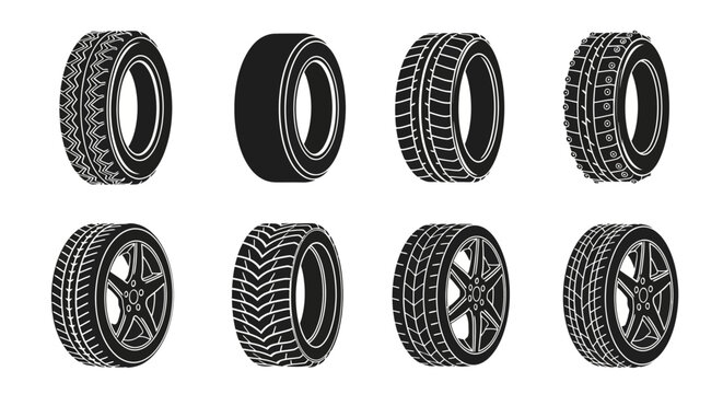 Set of black and white vector illustrations of automobile tires. A collection of car wheels with various tread patterns and rims.