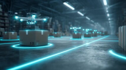 Robotic Warehouse Delivery: A futuristic vision unfolds as autonomous drones navigate a vast warehouse, efficiently transporting packages and boxes for seamless delivery operations. - Powered by Adobe