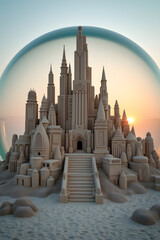 Naklejka premium A intricately detailed sandcastle in the shape of a futuristic city with sleek skyscrapers and advanced architecture .
