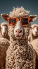 Sheep wearing orange sunglasses poses confidently in a sunny pasture surrounded by other sheep during the afternoon