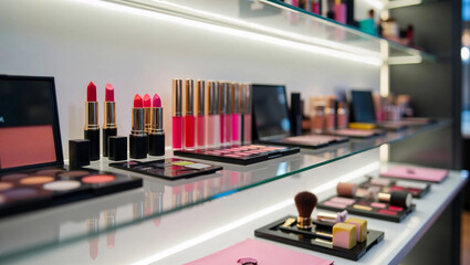 Modern Beauty Product Display With Colorful Makeup Items Including Lipsticks Eyeshadows And Brushes On Glass Shelf