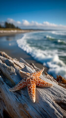 Colorful starfish on driftwood along the shoreline at a tranquil beach during a sunny day with gentle waves in the background