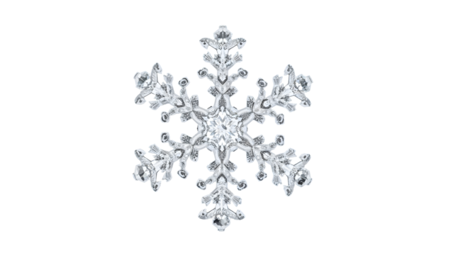 Crystal diamond snowflake isolated on the transparent background with sparkling facets, winter holiday decoration, geometric frozen ice symmetry