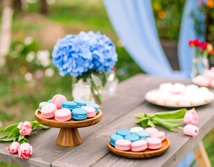 Pastel-colored macarons on wooden stands, garden setting